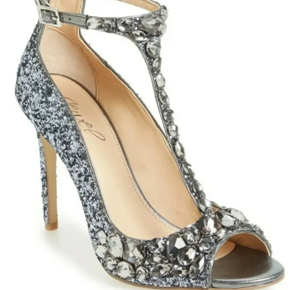 T-Strap Open-Toe Glitter Heels with Crystal Accents - Silver